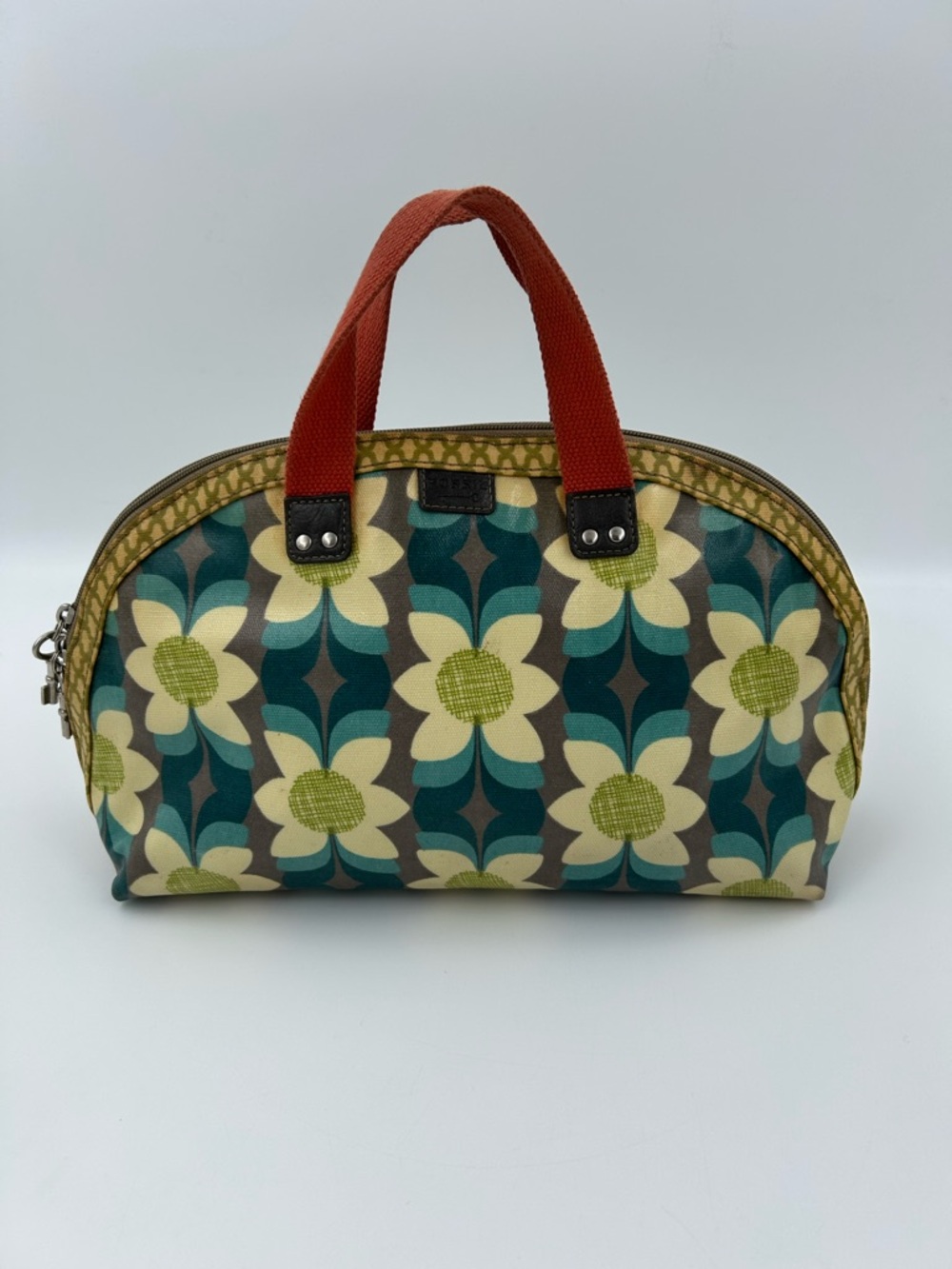 Fossil Key Per Floral Dome Cosmetic Bag with Teal, Green & Cream